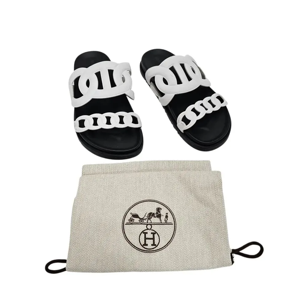 Hermes Extra Sandal Flat Slide Double Strap Black White Leather Size 38 US 8